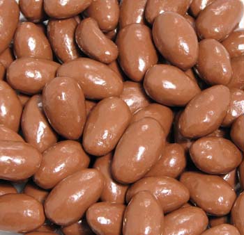Chocolate Whole Almonds - Large whole almonds are covered in milk chocolate.  A great combination of a wonderful nut and great chocolate packaged in our one-pound signature box with a gold cord.